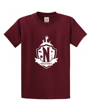 Unitas Est Invicta Nevermore Academy Logo Graphic Print Unisex Kids and Adults T-Shirt Dark Humor Movie Inspiration